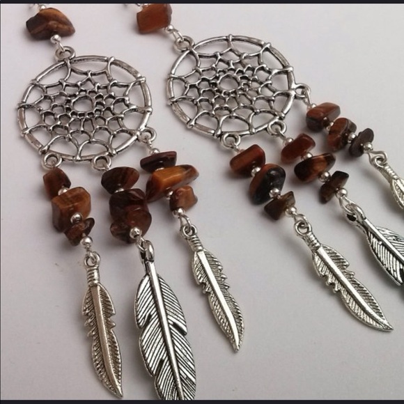 Bohemian dream catcher tigers eye dangle earrings - Picture 4 of 5